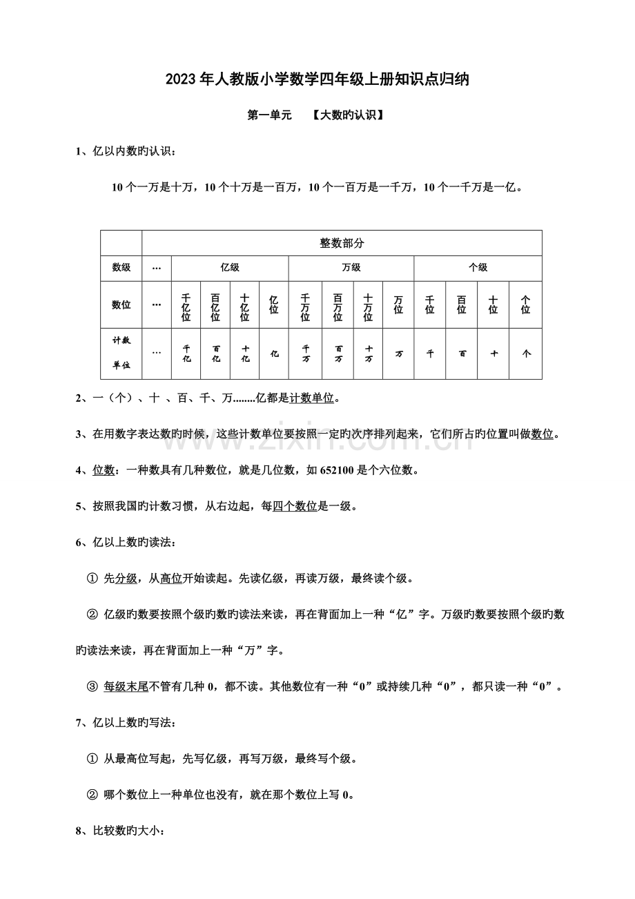 2023年人教版小学四年级数学上册知识点归纳.docx_第1页