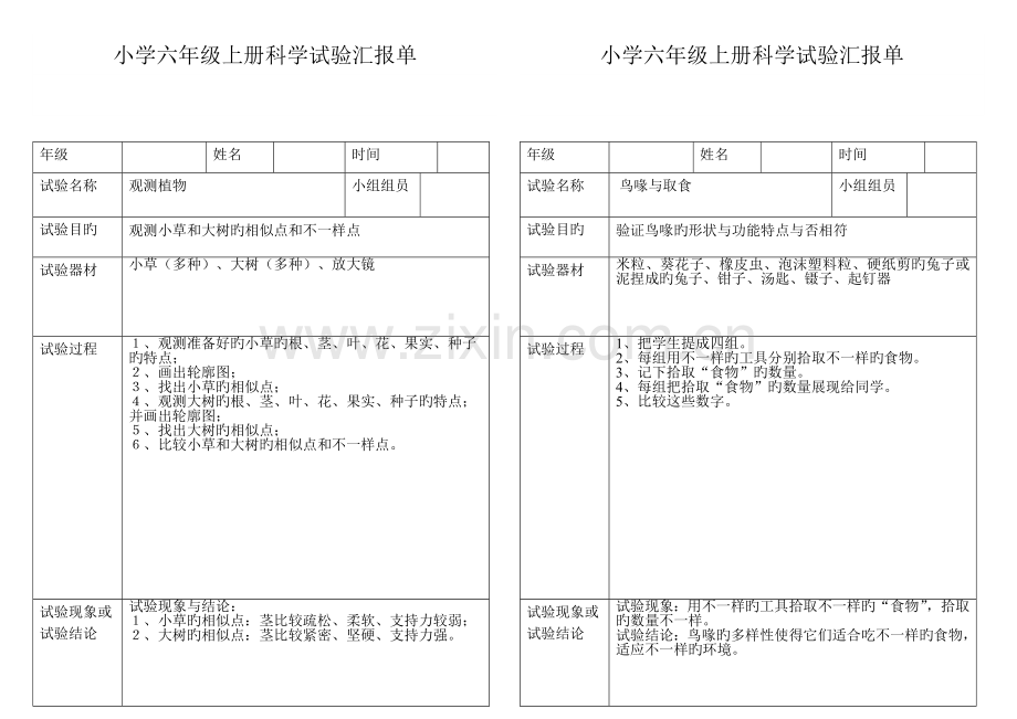 2023年小学科学六年级上册实验报告单新编.doc_第1页