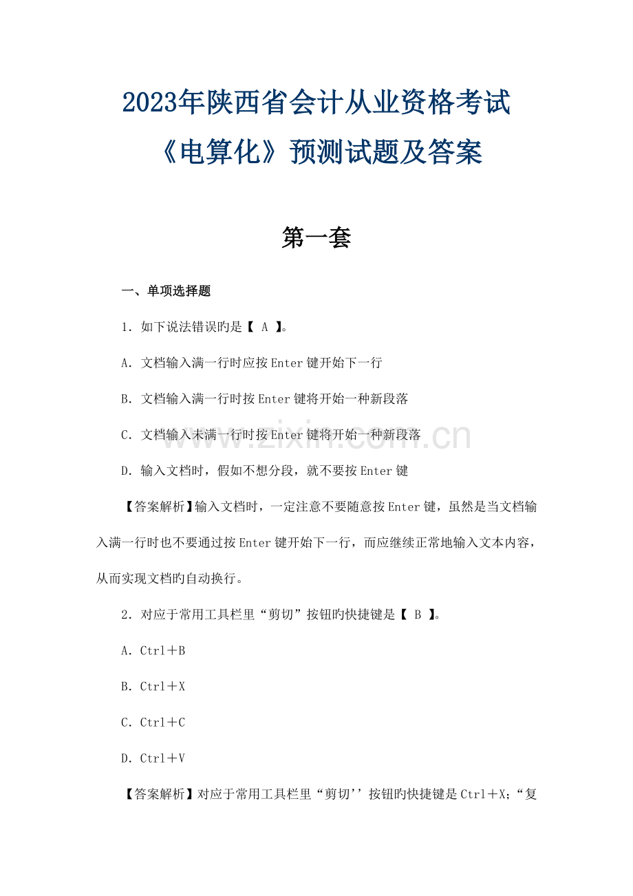 2023年会计从业资格考试电算化预测试题.doc_第1页