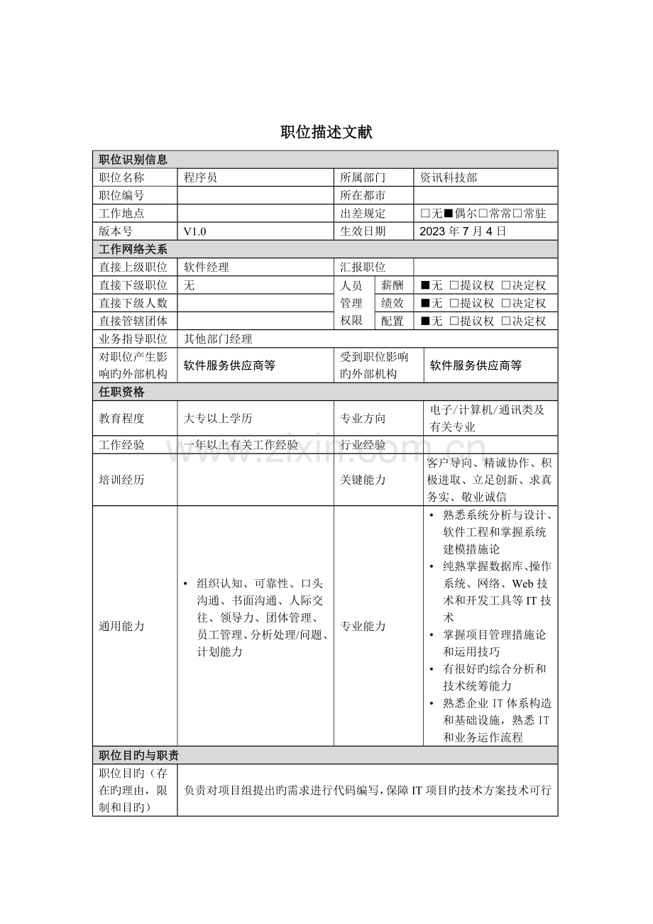 2023年资讯科技部程序员职务说明书.doc_第1页