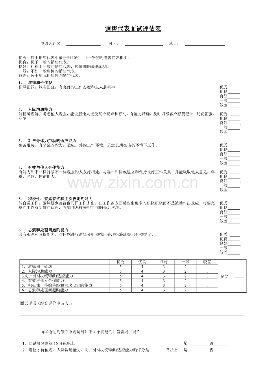 2023年销售代表面试评分表.doc_第1页