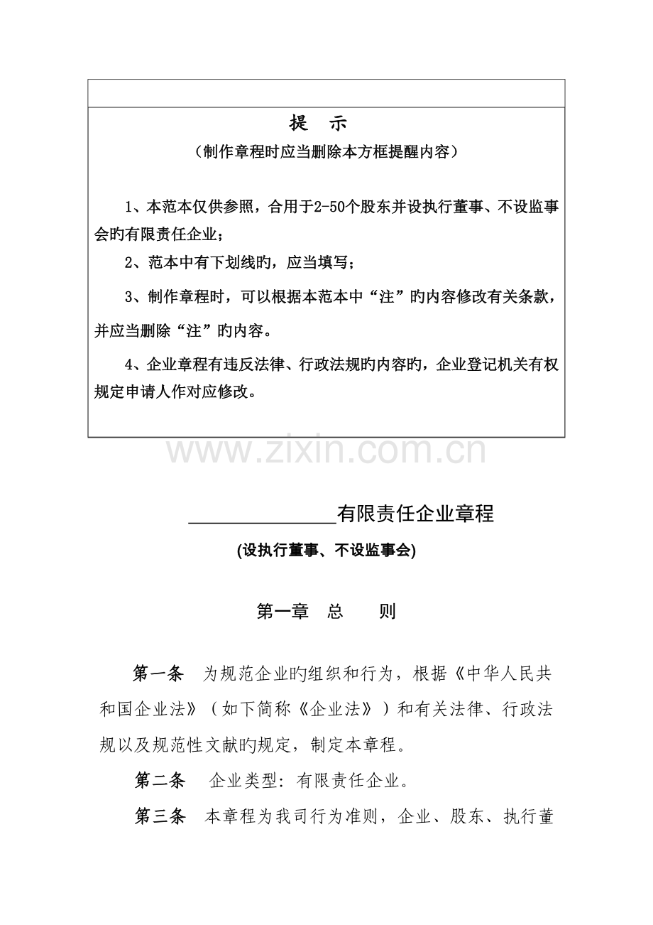 有限责任公司章程版本设执行董事不设监事会.doc_第1页