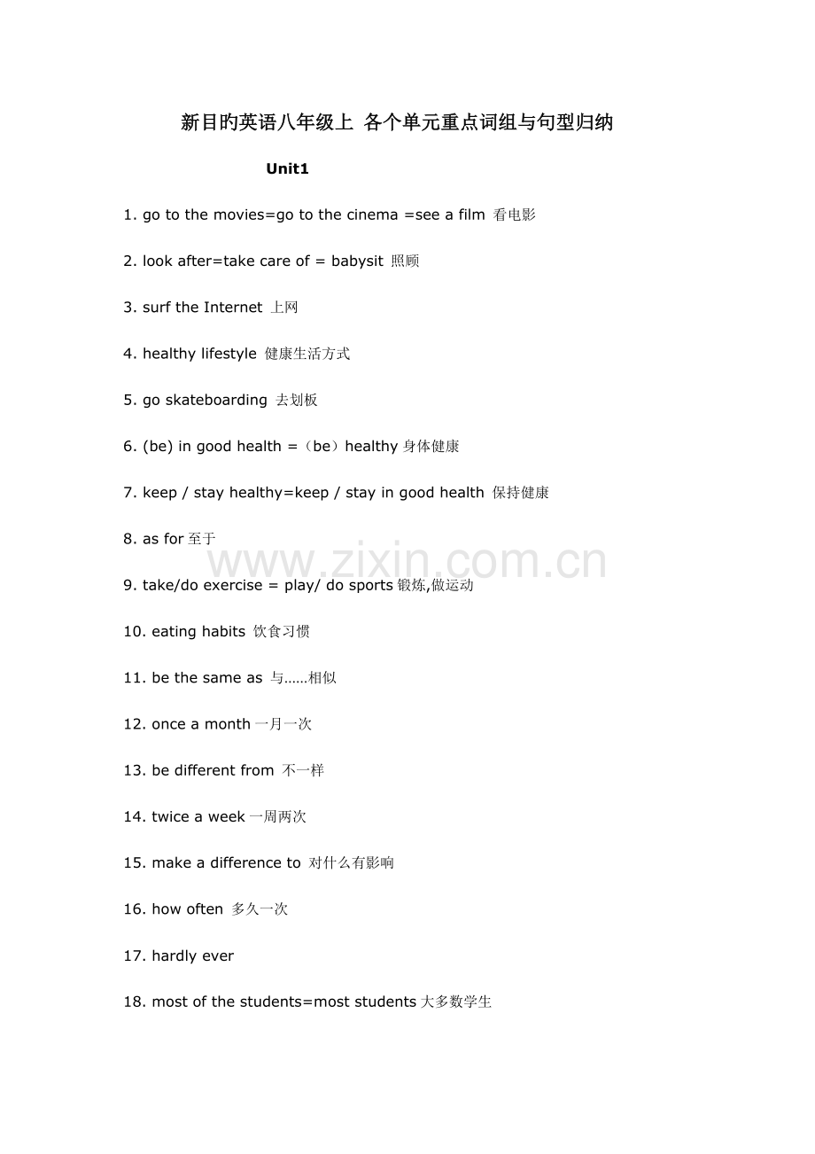 2023年新目标英语八年级上各单元重点词组与句型归纳.doc_第1页