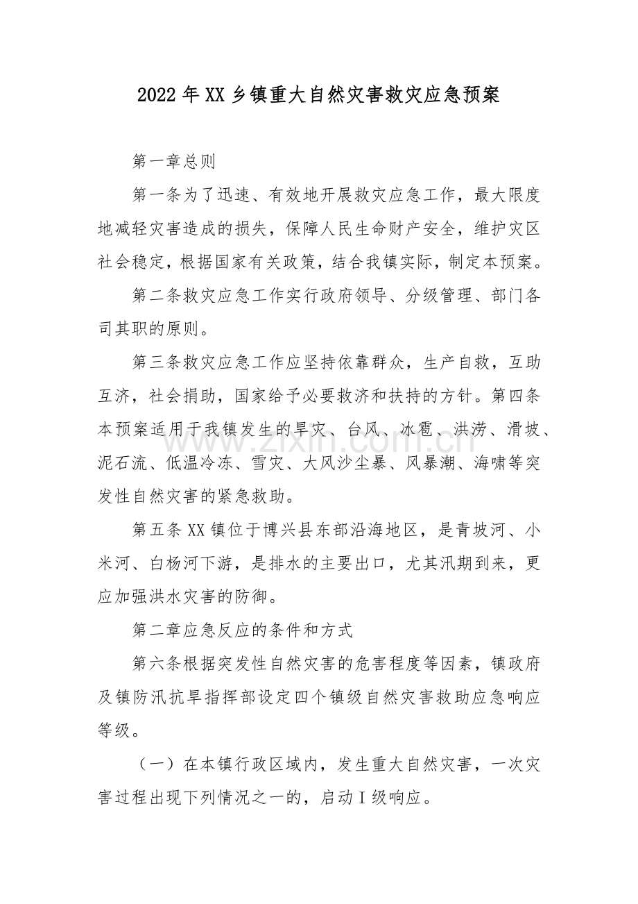 2022年XX乡镇重大自然灾害救灾应急预案.docx_第1页