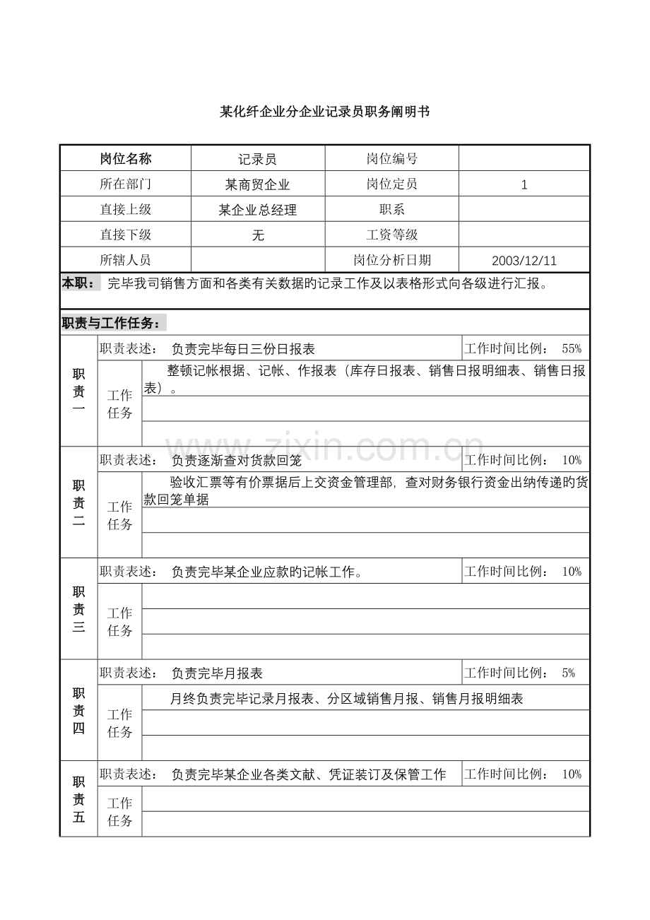 2023年化纤企业分公司统计员职务说明书.doc_第1页