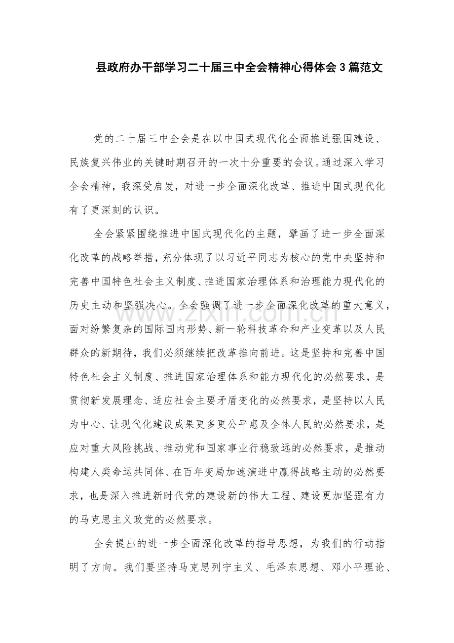 县政府办干部学习二十届三中全会精神心得体会3篇范文.docx_第1页