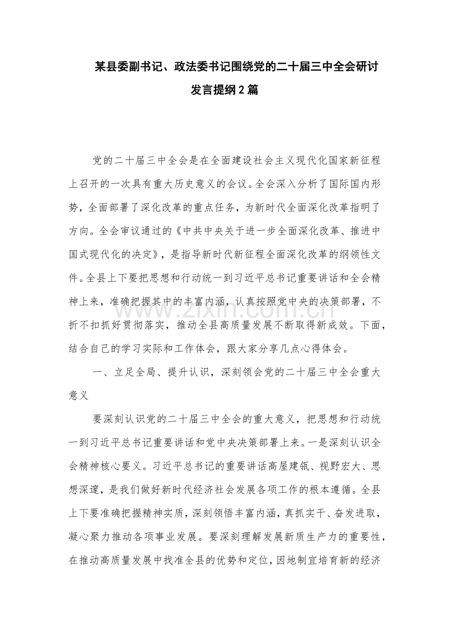 某县委副书记、政法委书记围绕党的二十届三中全会研讨发言提纲2篇.docx_第1页