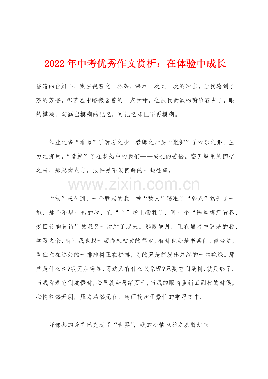 2022年中考优秀作文赏析在体验中成长.docx_第1页