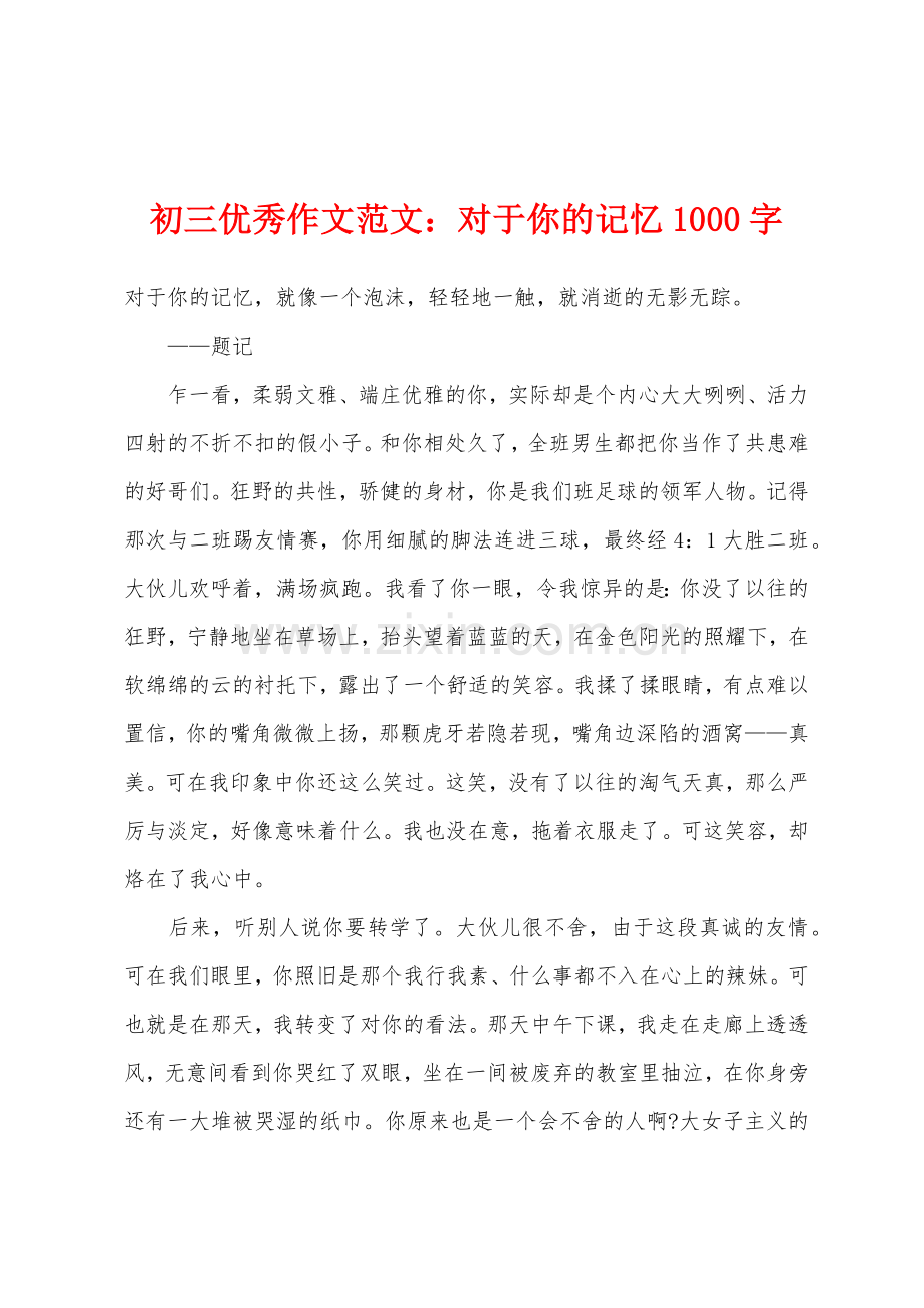 初三优秀作文范文对于你的记忆1000字.docx_第1页