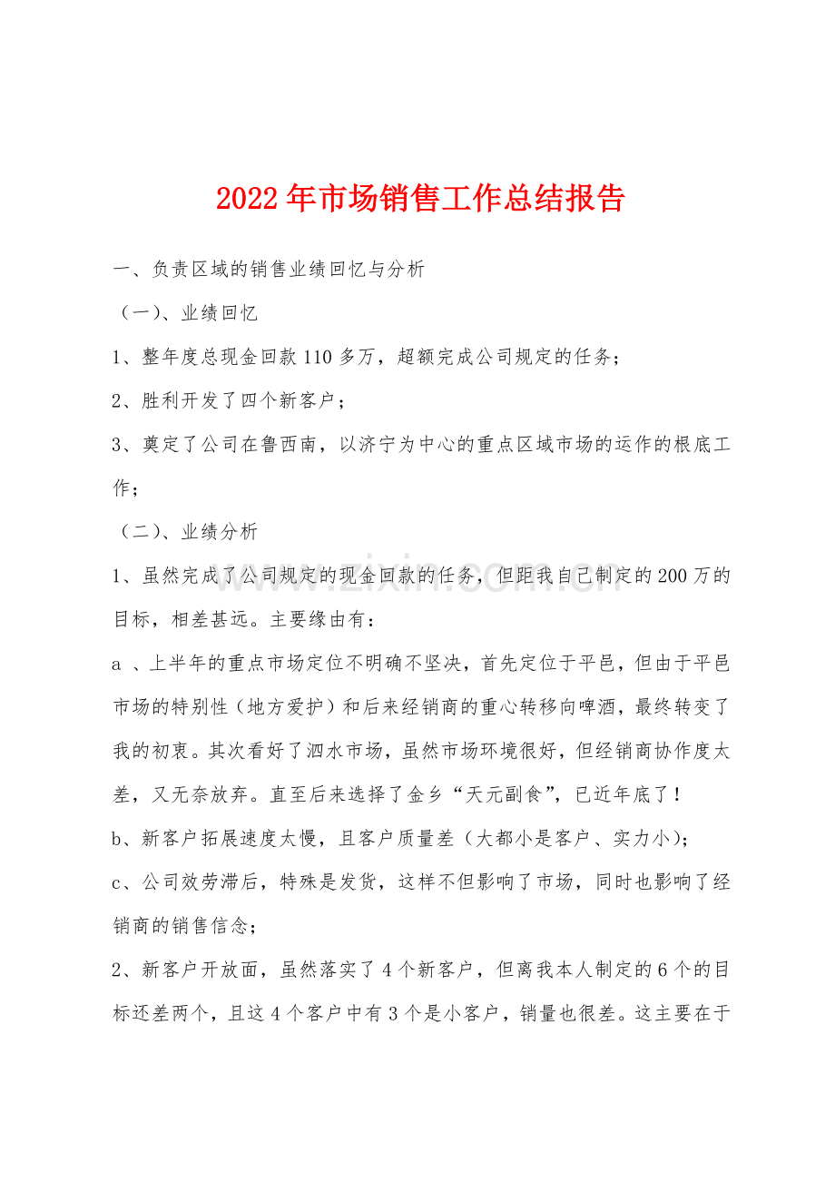 2022年市场销售工作总结报告.docx_第1页