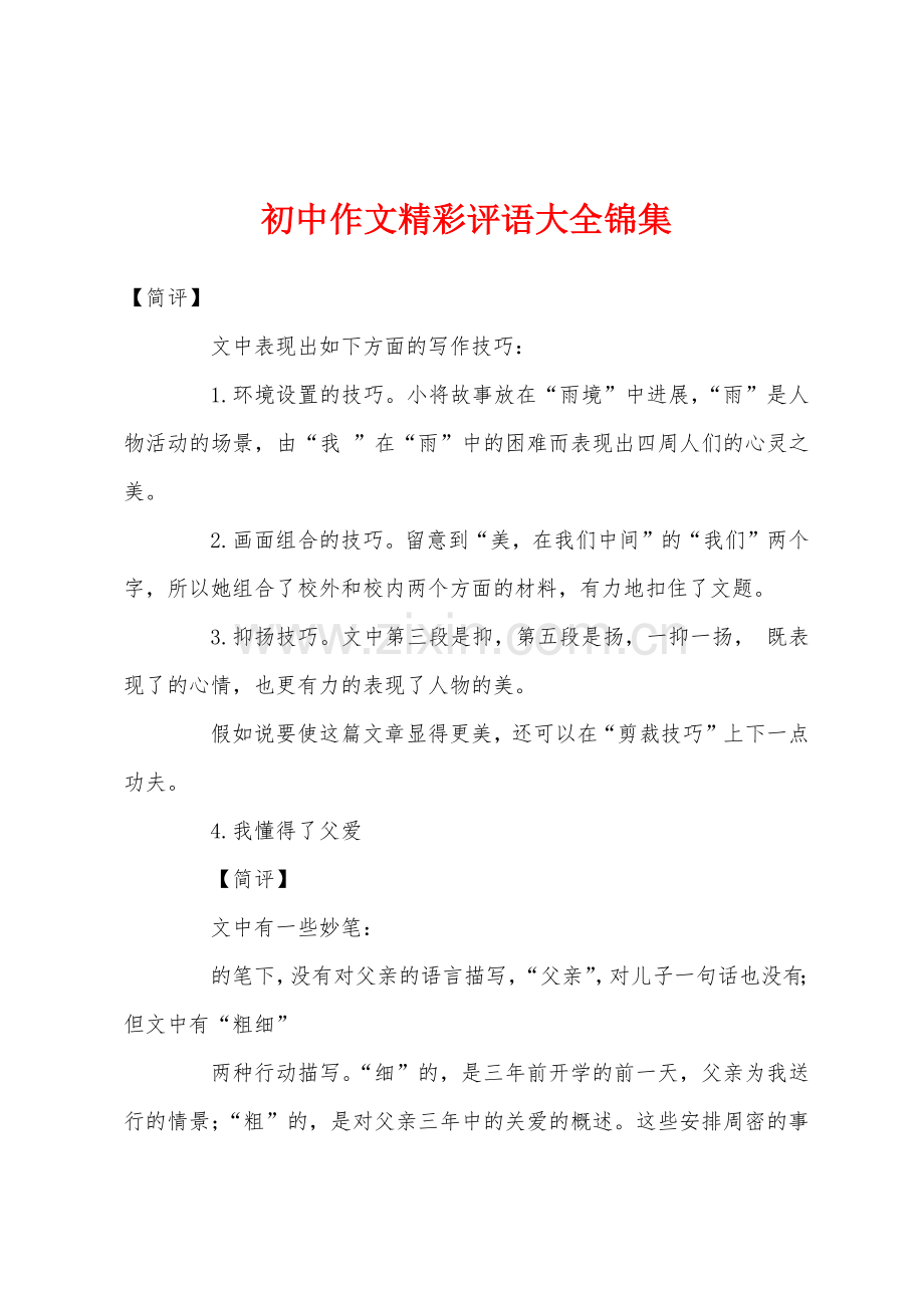 初中作文精彩评语大全锦集.docx_第1页