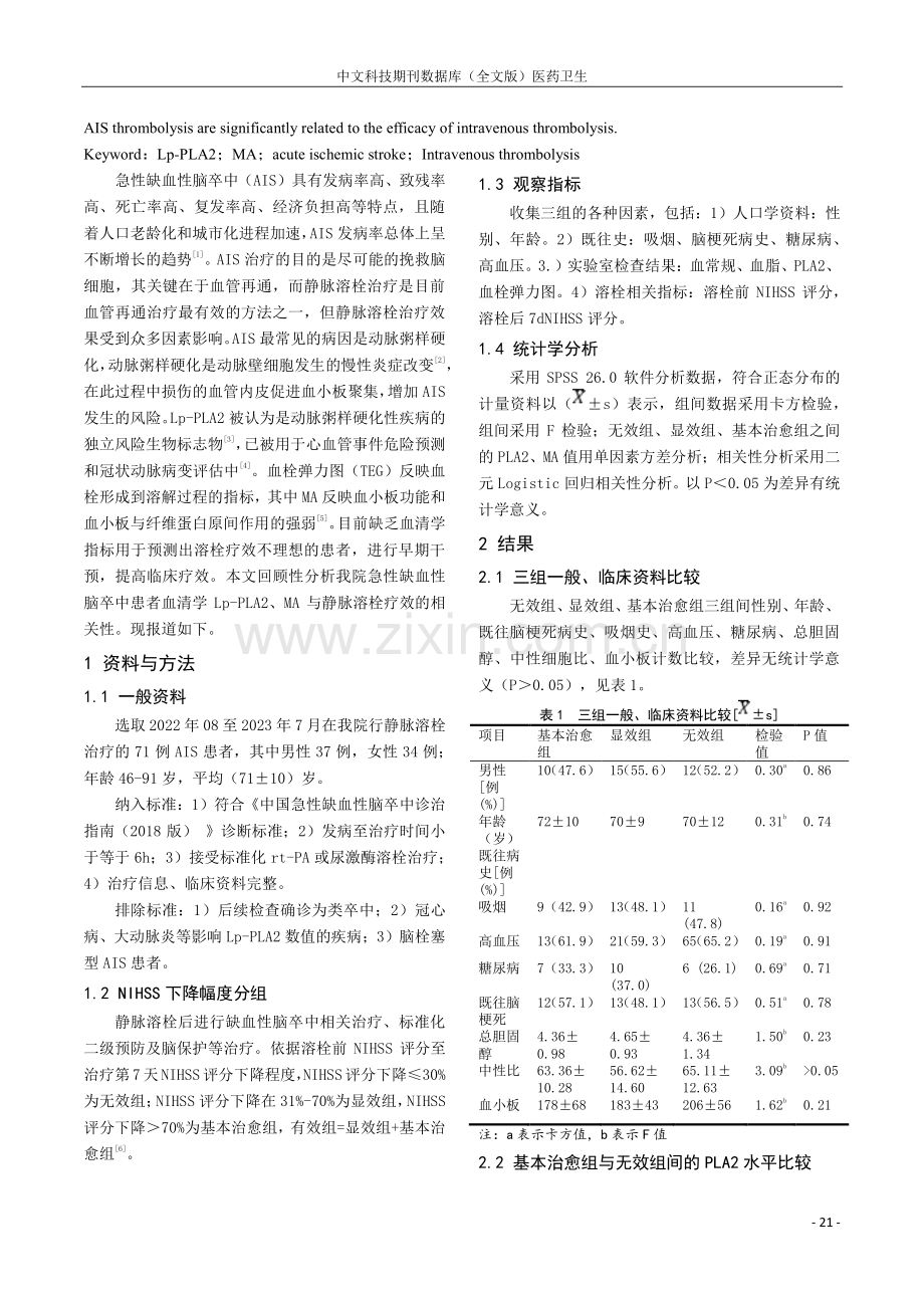 Lp-PLA2、MA与非心源性急性缺血性脑卒中静脉溶栓疗效的相关性.pdf_第2页