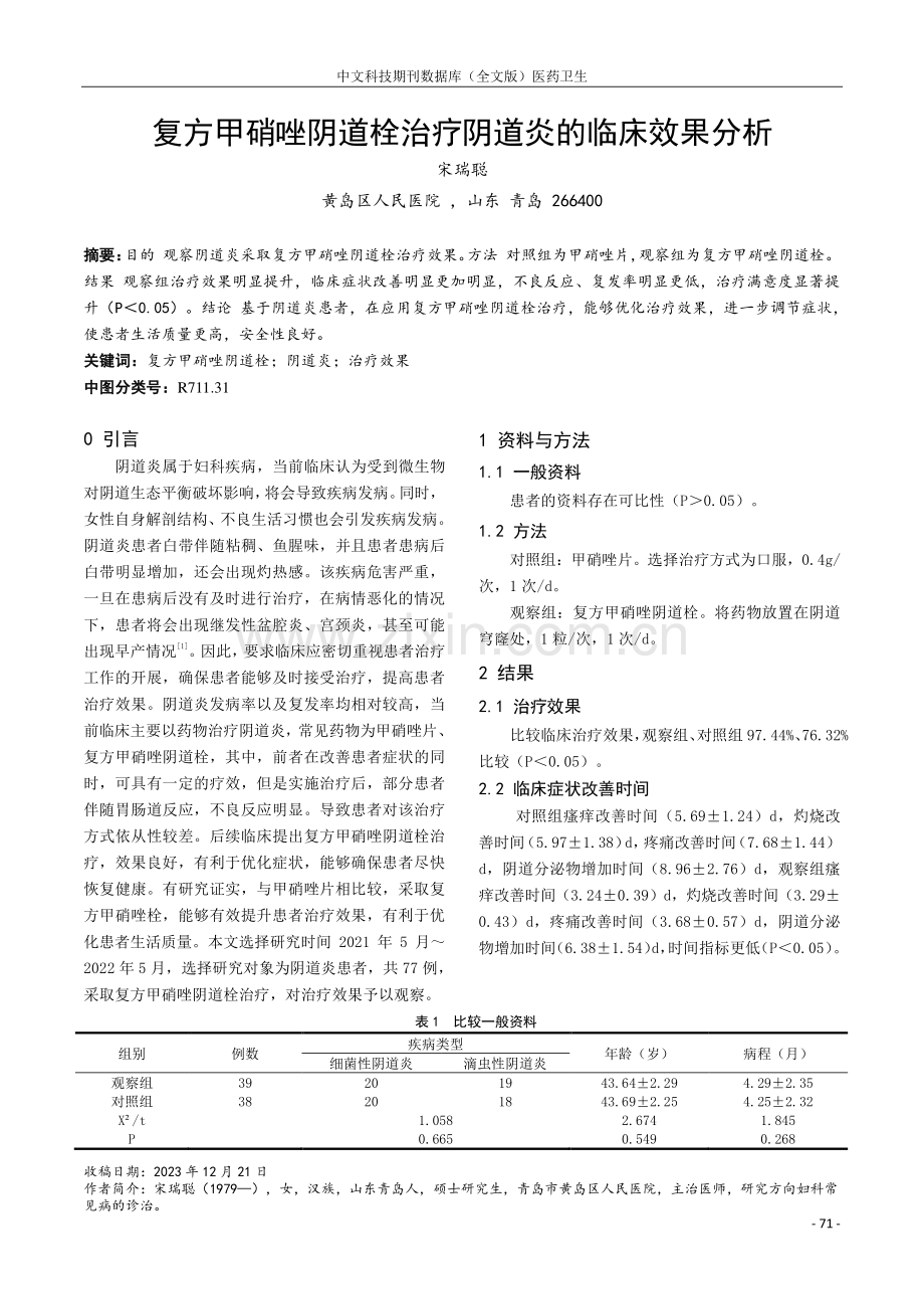 复方甲硝唑阴道栓治疗阴道炎的临床效果分析.pdf_第1页