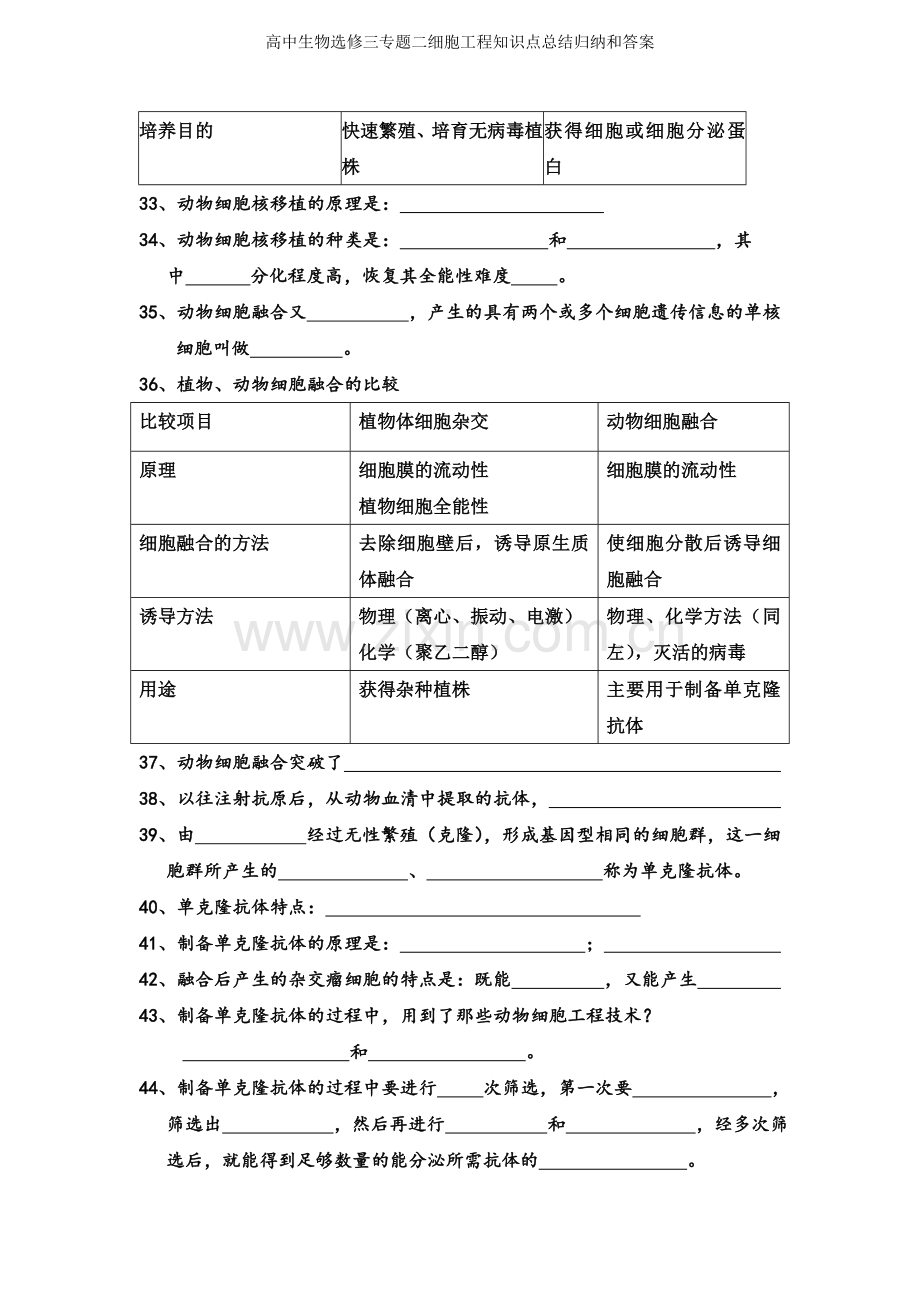 高中生物选修三专题二细胞工程知识点总结归纳和答案.doc_第3页