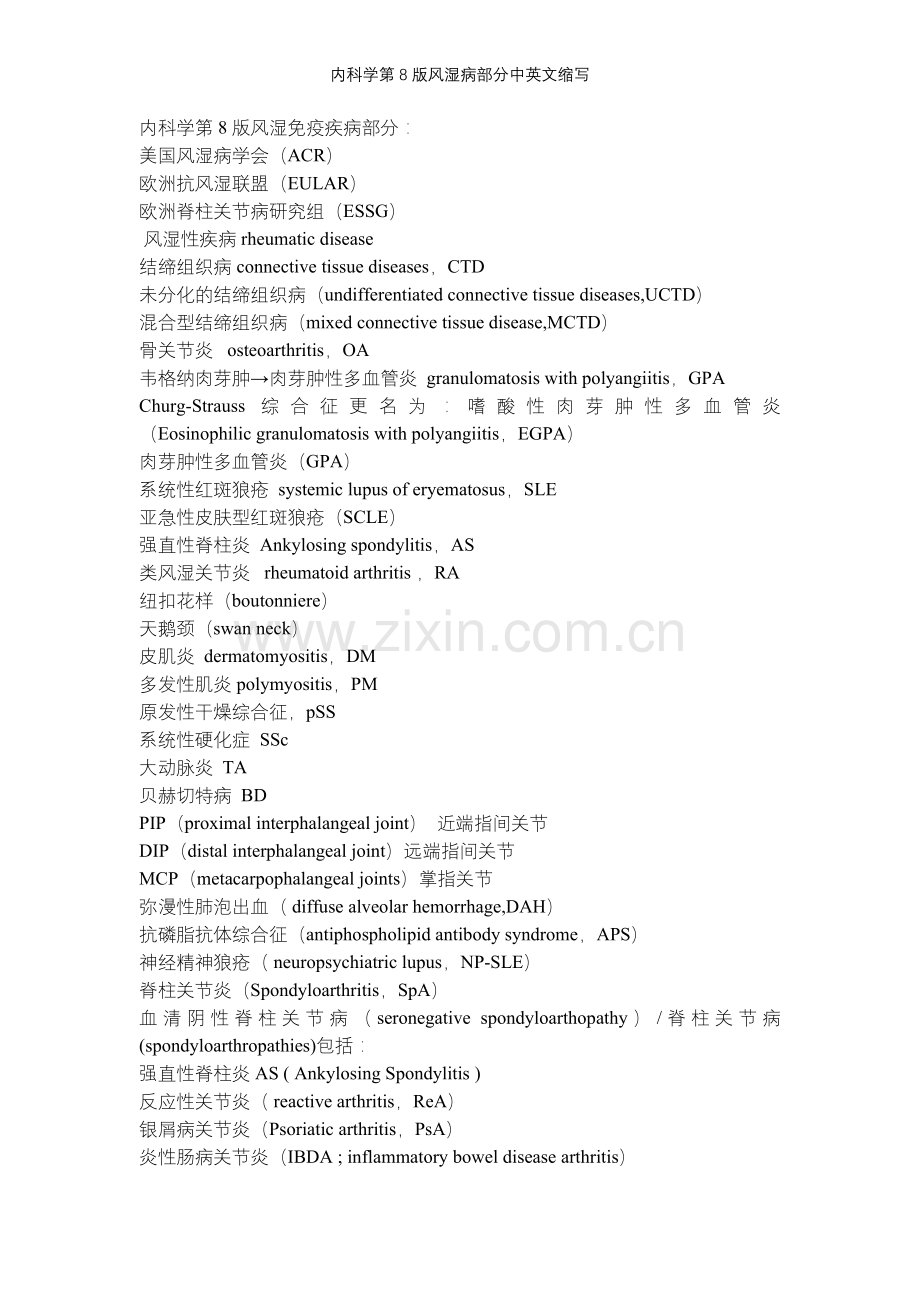 内科学第8版风湿病部分中英文缩写.doc_第1页