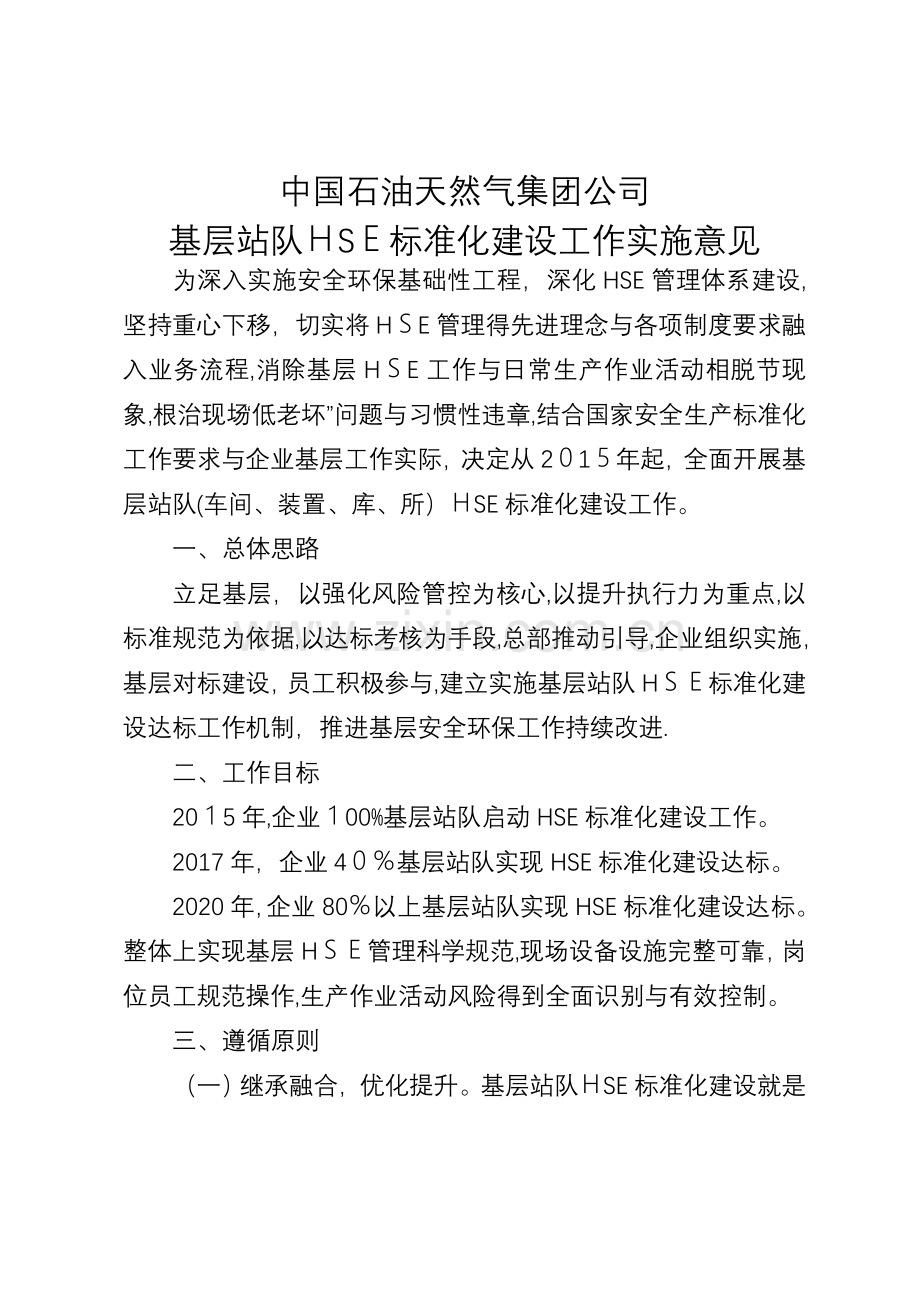 中国石油天然气集团公司基层站队HSE标准化建设工作实施意见.doc_第1页