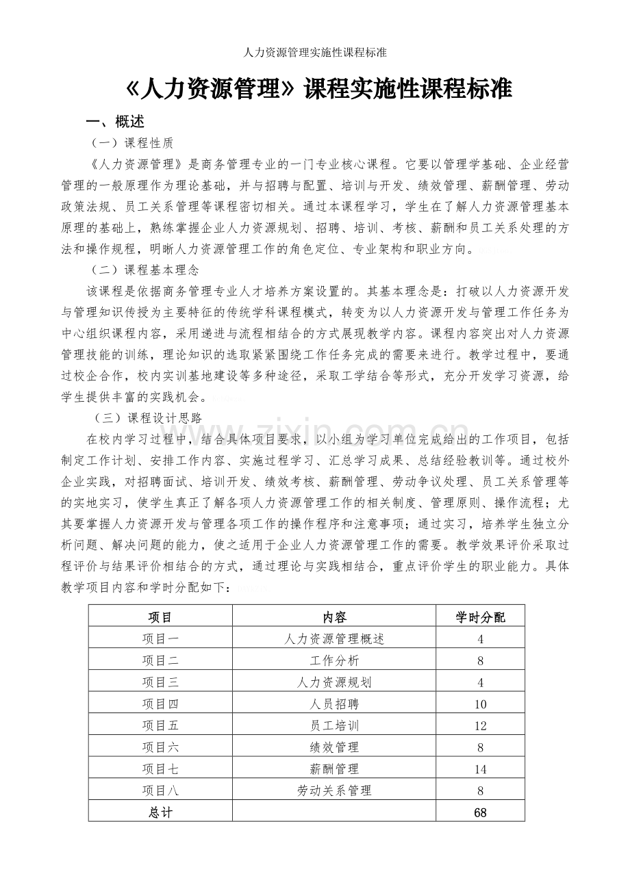 人力资源管理实施性课程标准.doc_第1页