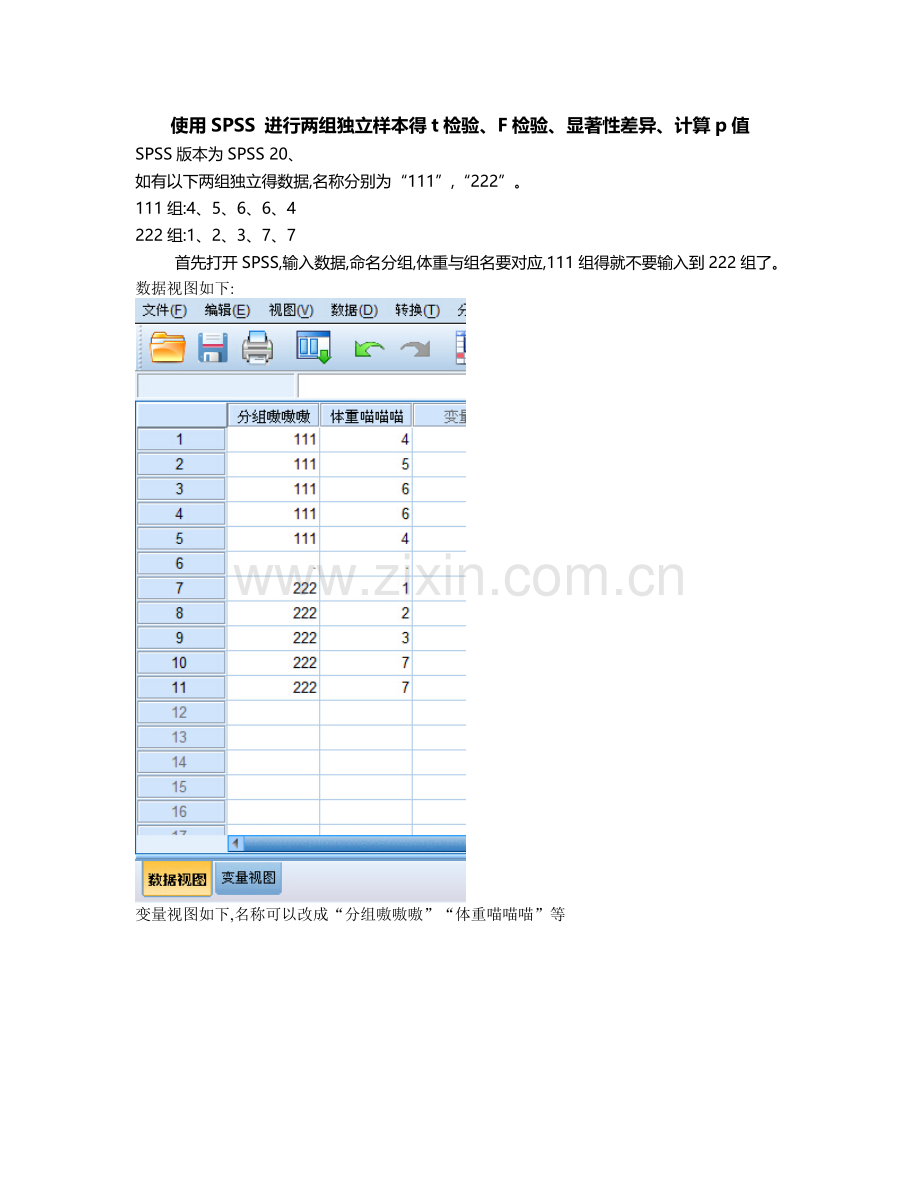 使用SPSS-进行两组独立样本的t检验、F检验、显著性差异、计算p值.doc_第1页