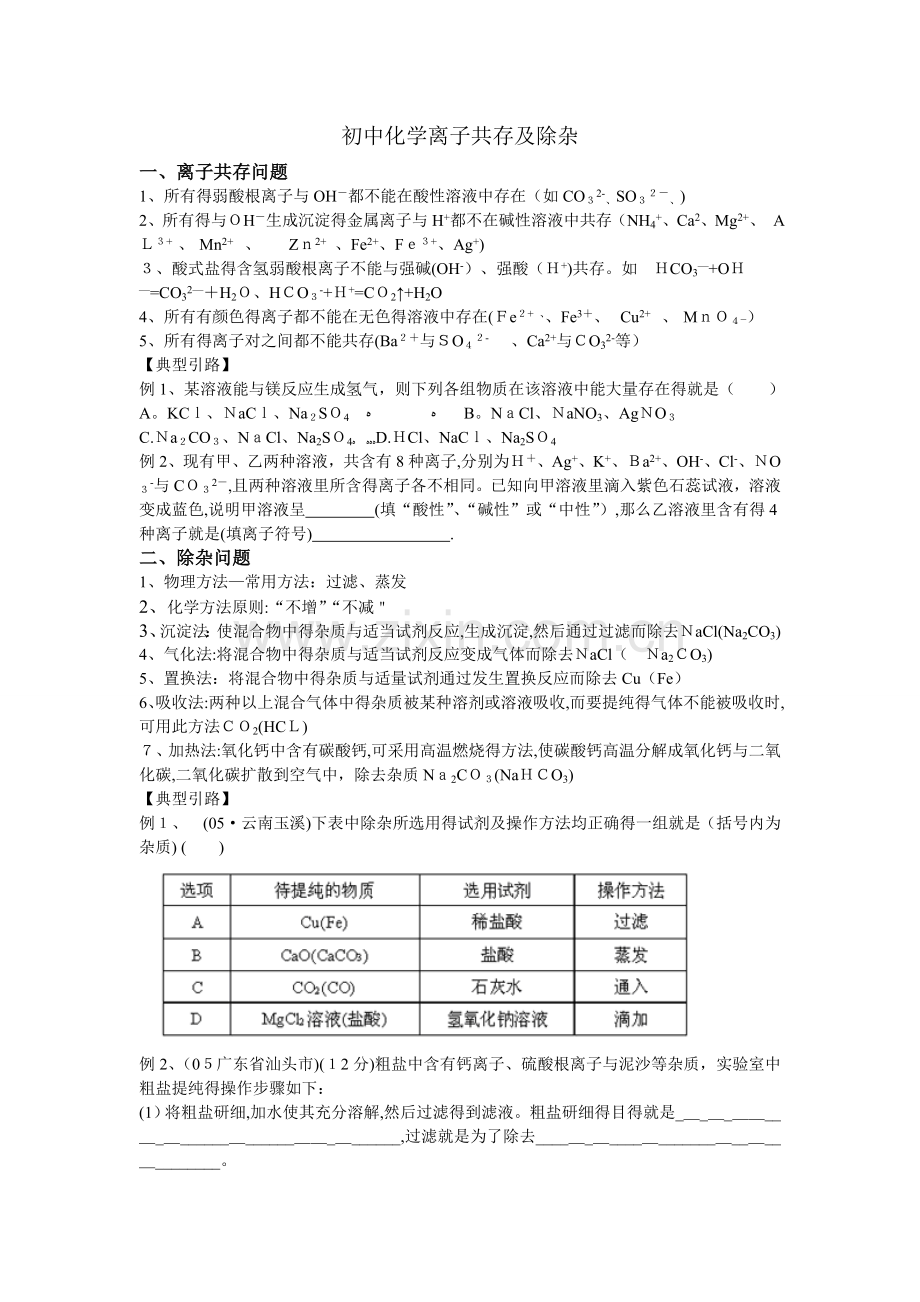 初中化学离子共存及除杂讲解及练习(好).doc_第1页