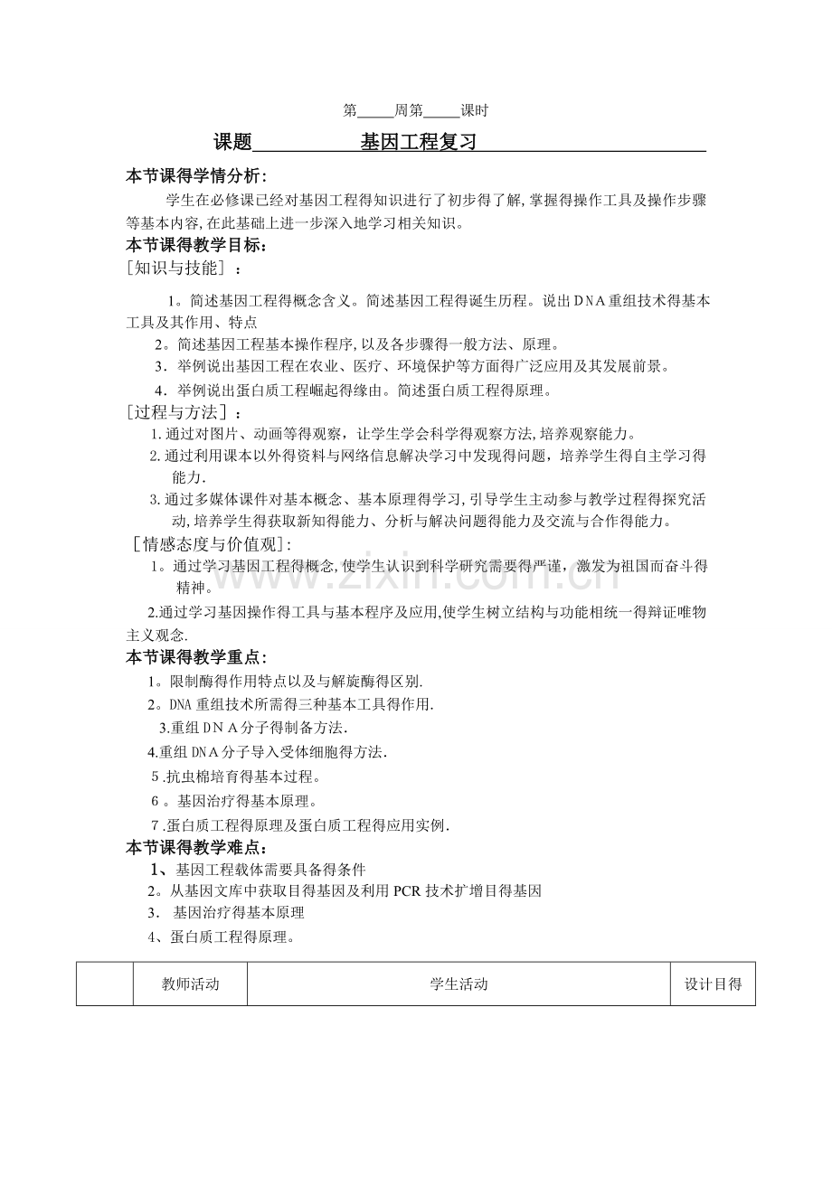 专题一基因工程复习教学设计.doc_第1页