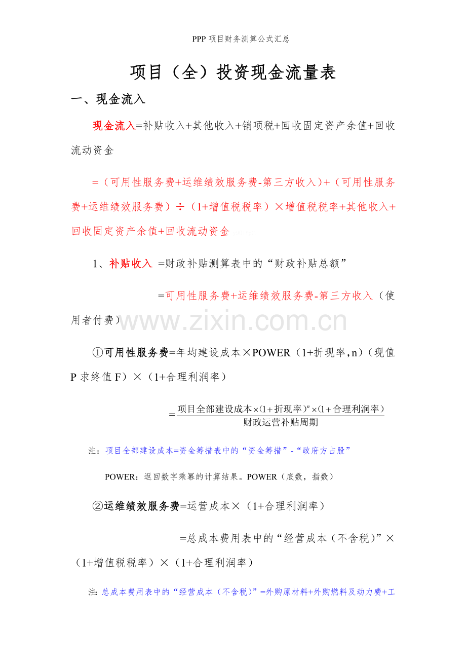 PPP项目财务测算公式汇总.doc_第1页