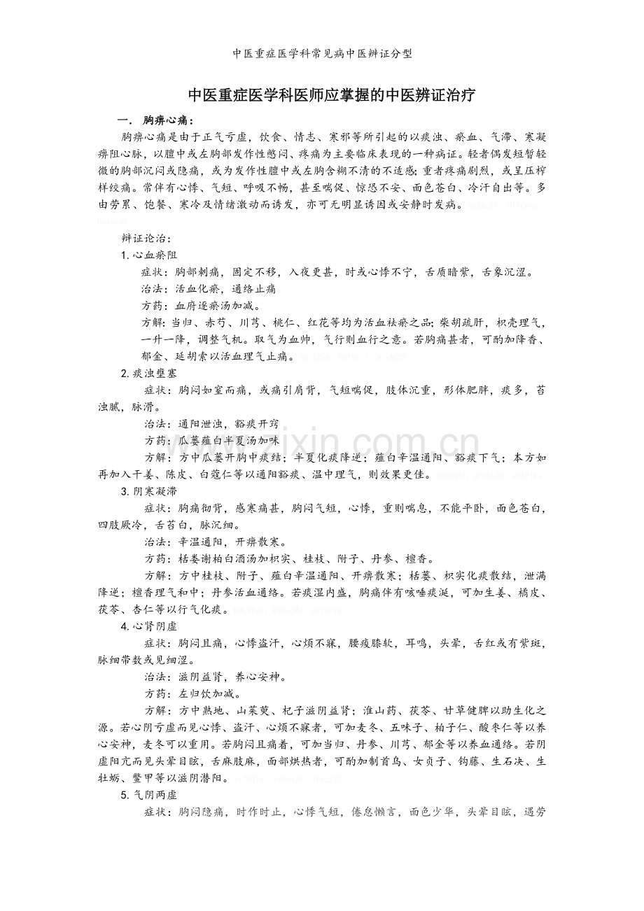 中医重症医学科常见病中医辨证分型.doc_第1页