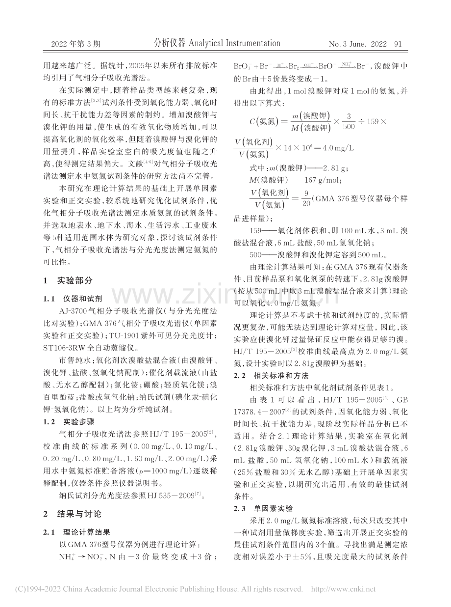 气相分子吸收光谱法测定水质氨氮试剂条件的优化研究.pdf_第2页