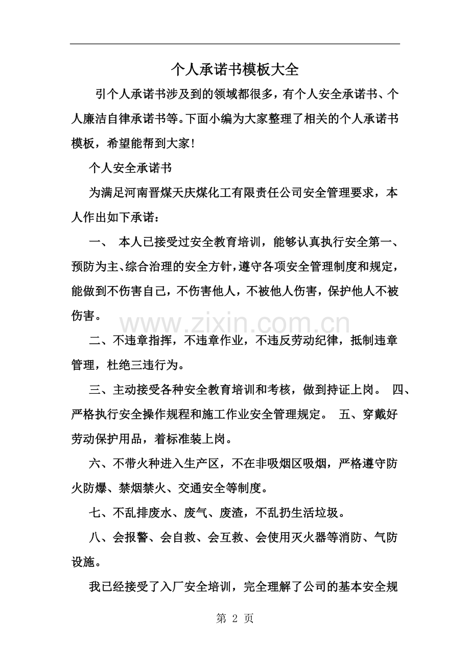 个人承诺书模板大全--word范文资料.doc_第2页