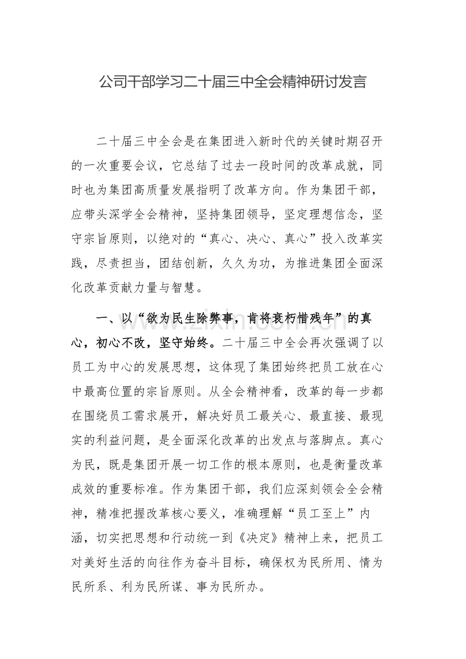 公司干部、员工学习二十届三中会议精神研讨发言范文.docx_第1页