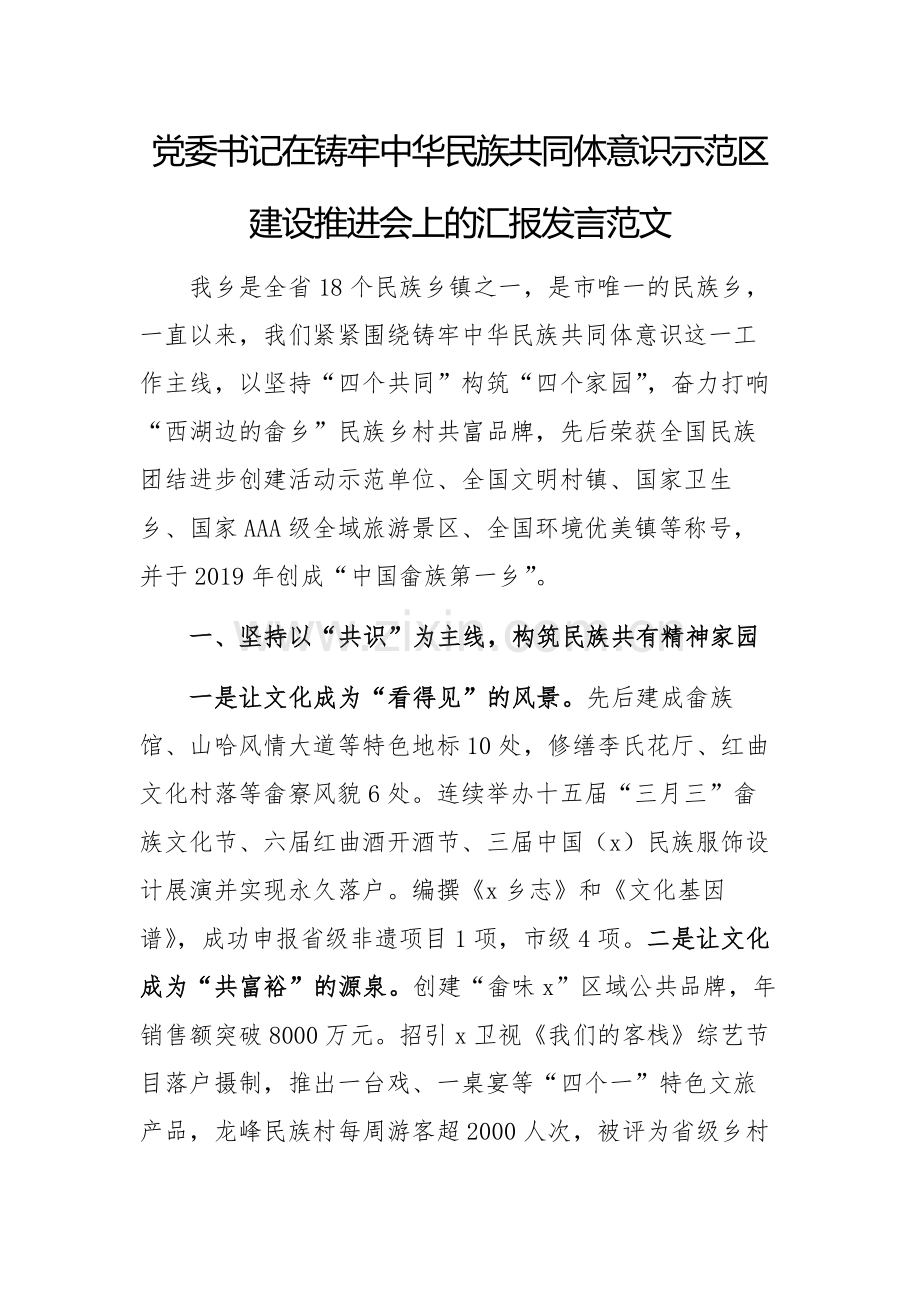 党委书记在铸牢中华民族共同体意识示范区建设推进会上的汇报发言范文.docx_第1页