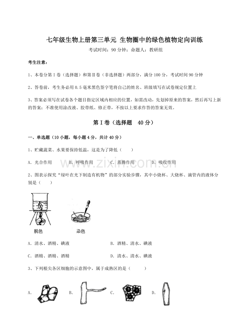 解析卷人教版七年级生物上册第三单元-生物圈中的绿色植物定向训练试卷(详解版).docx_第1页