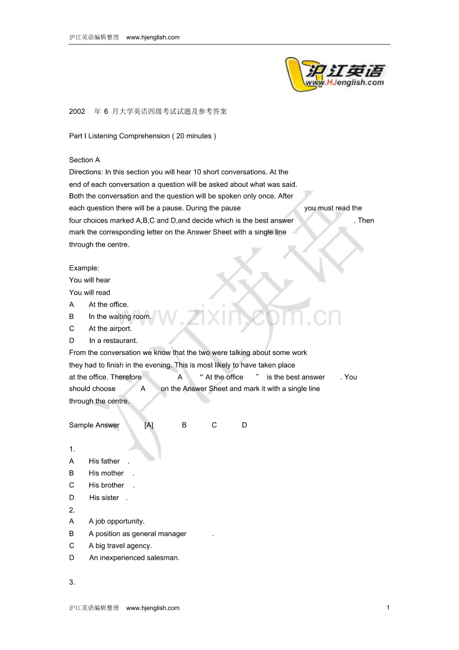 2002年6月大学英语四级考试试题及参考答案.pdf_第1页