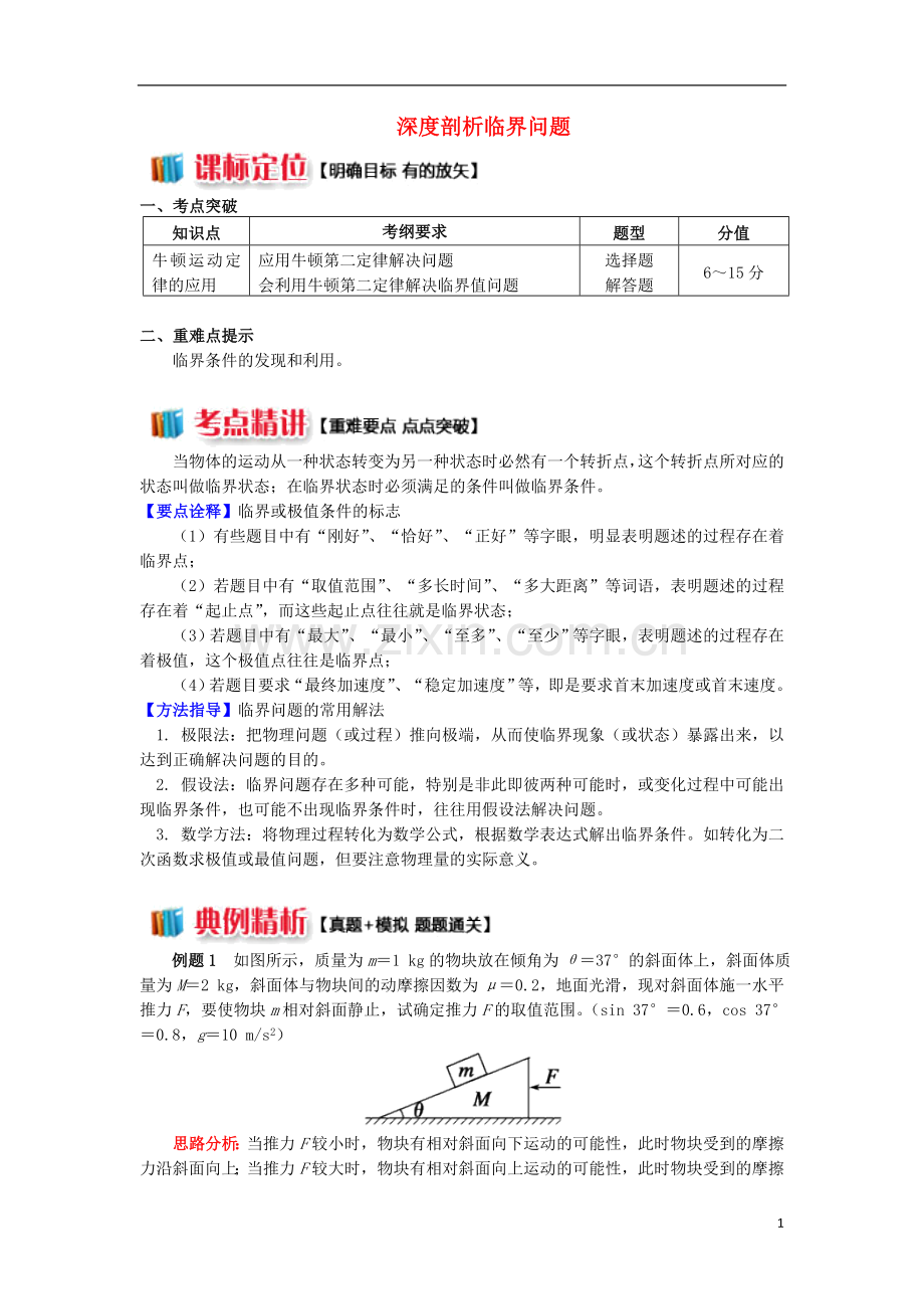 2018高中物理牛顿定律应用专题6深度剖析临界问题学案新人教版必修1.doc_第1页