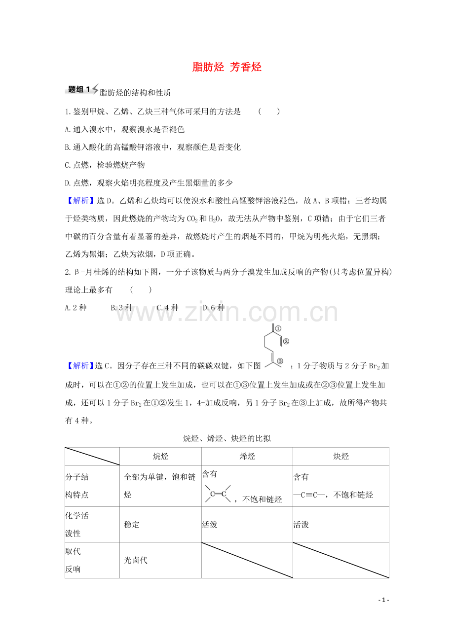 2023版高考化学一轮复习9.2脂肪烃芳香烃题组训练过关1含解析新人教版.doc_第1页