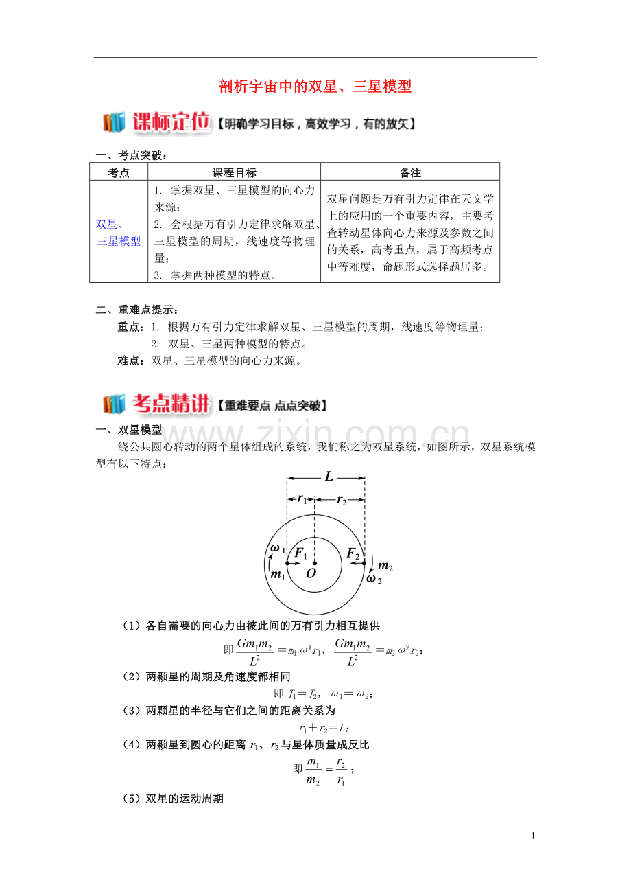 2018高考物理总复习专题天体运动的三大难点破解3剖析宇宙中的双星三星模型讲义.doc_第1页