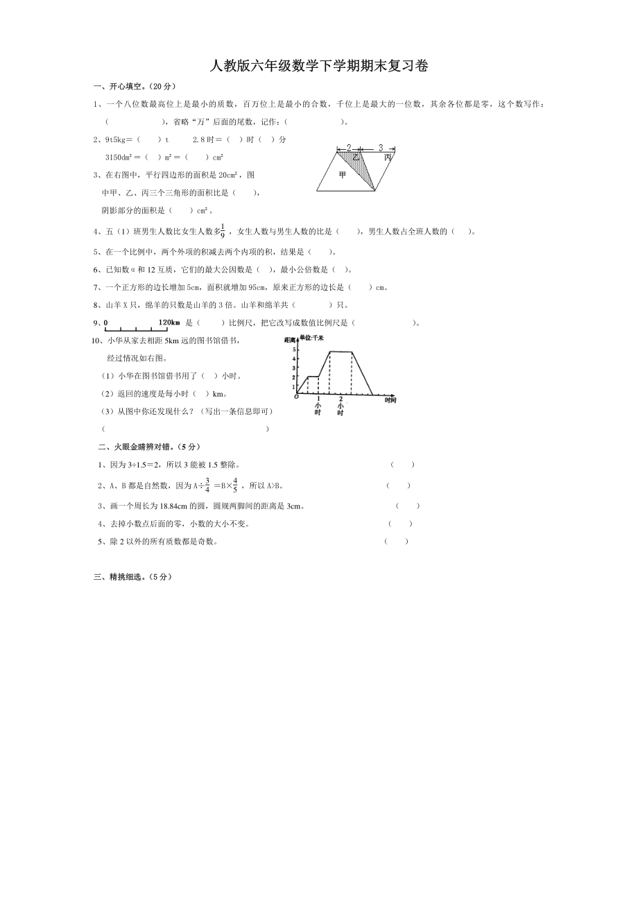 人教版六年级数学下学期期末复习卷.pdf_第1页