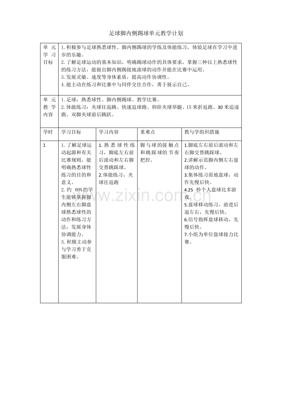 足球脚内侧踢球单元教学计划1.pdf_第1页