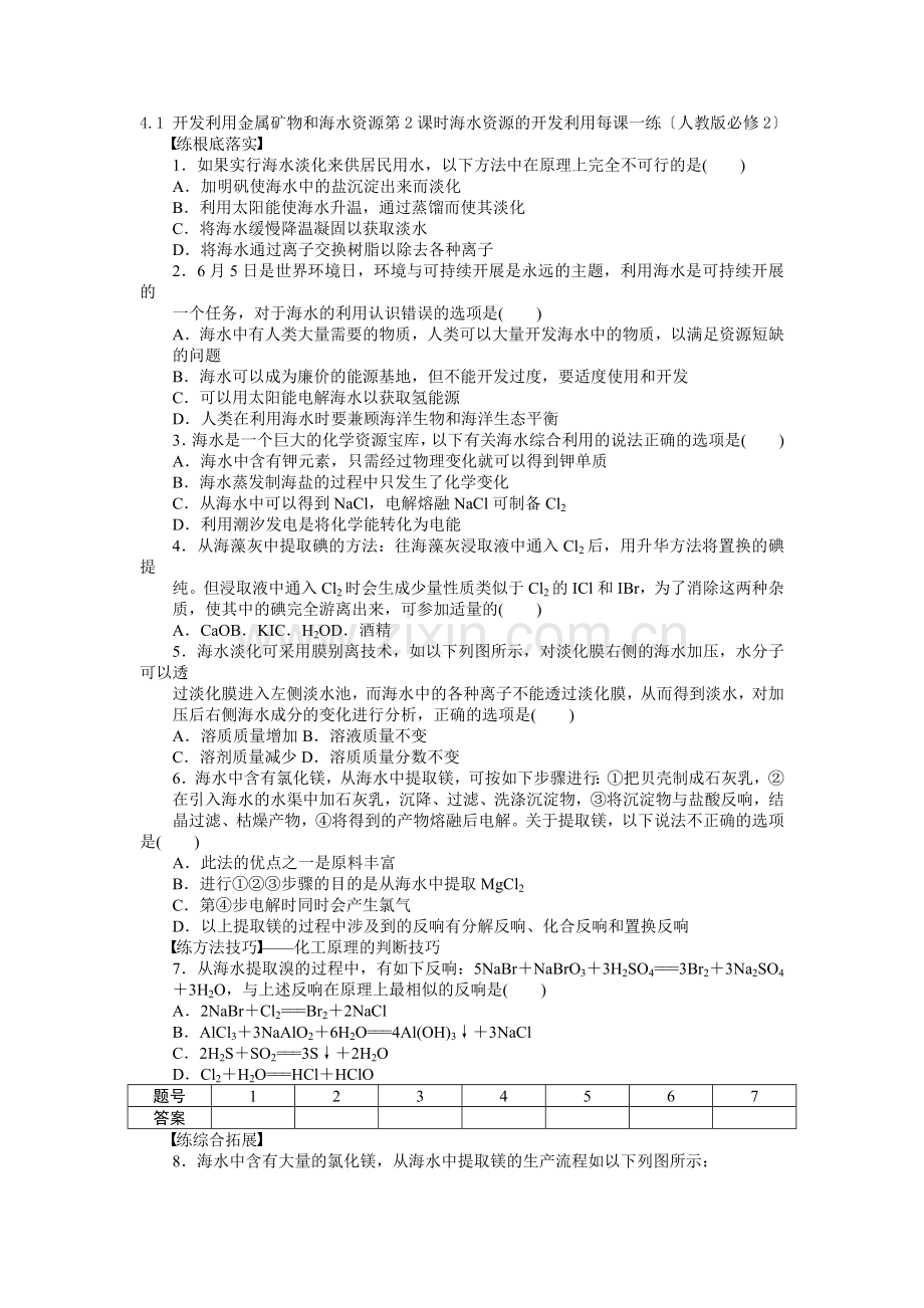 2022高一化学每课一练41开发利用金属矿物和海水资源第2课时海水资源的开发利用(人教版必修2).docx_第1页