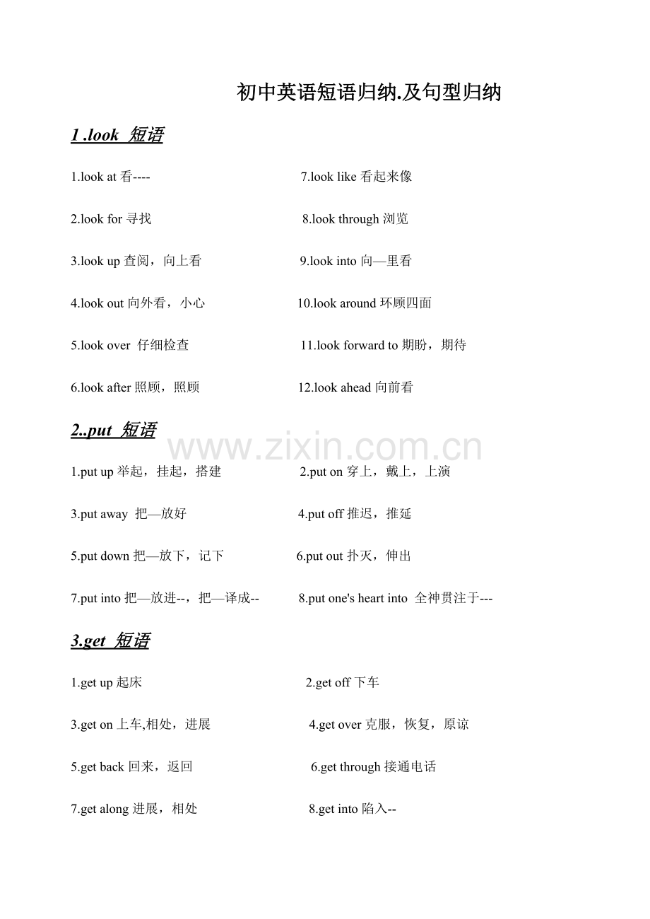 2023年初中英语短语归纳及句型归纳.doc_第1页