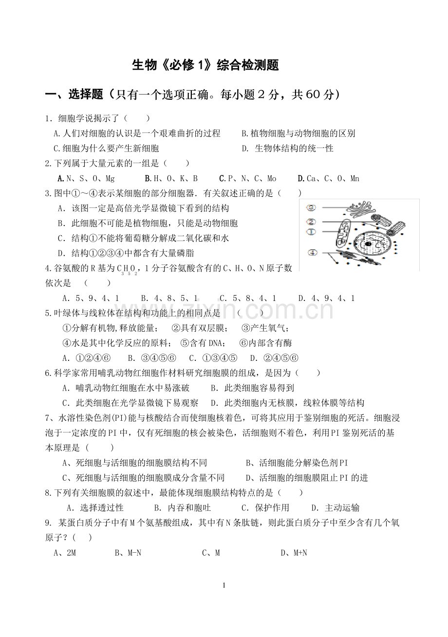 高中生物必修一综合测试题(附答案).pdf_第1页