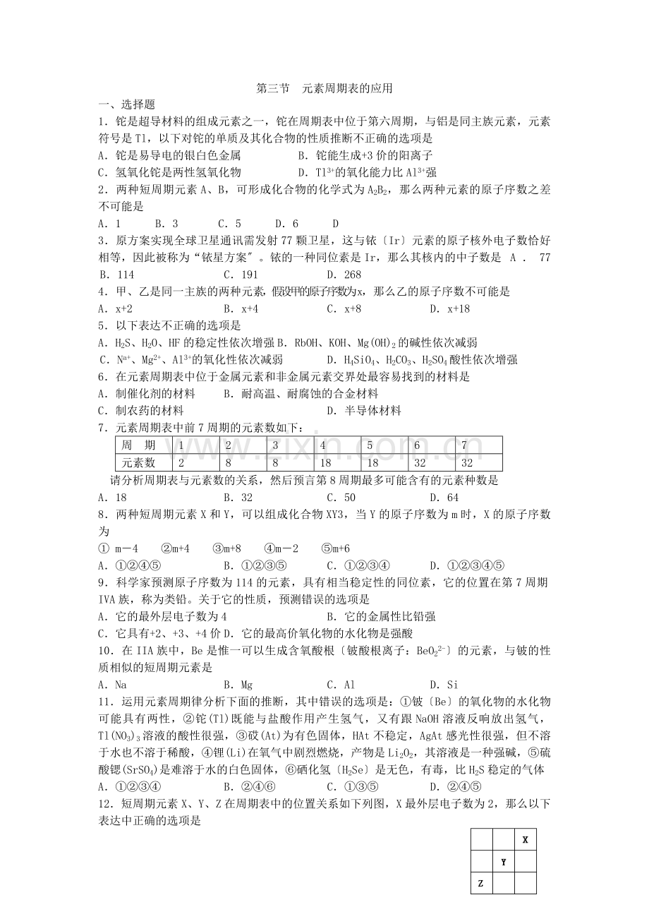 《元素周期表的应用》同步练习1(鲁科版必修2).docx_第1页