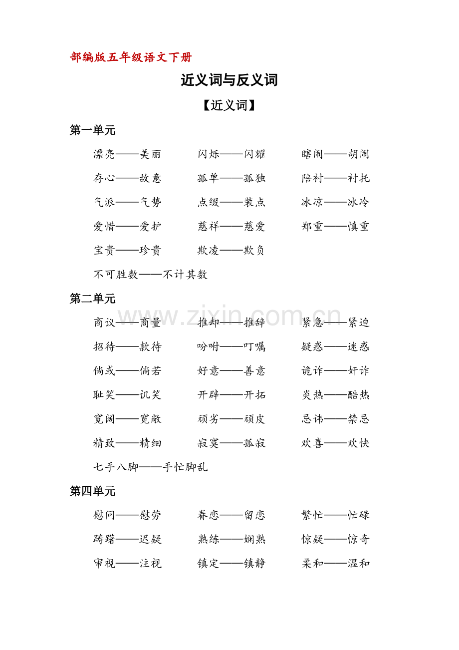 (部编版)五年级下语文复习资料：近义词反义词汇总.pdf_第1页