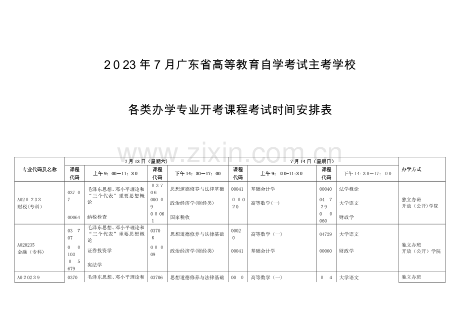 2023年广东省高等教育自学考试时间安排表.doc_第1页