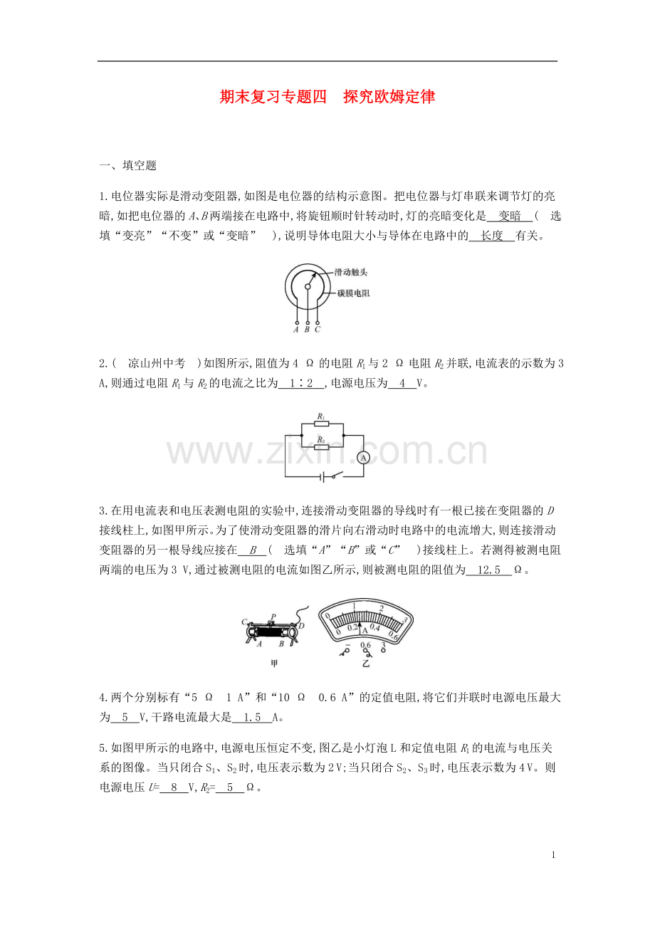 2019_2020学年九年级物理下册期末复习专题四探究欧姆定律精炼新版粤教沪版.doc_第1页