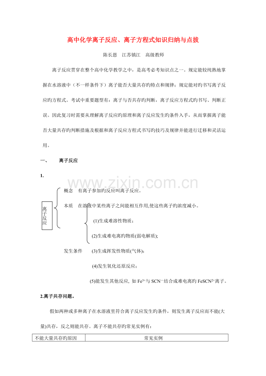 2023年高中化学离子反应离子方程式知识归纳与点拔.doc_第1页