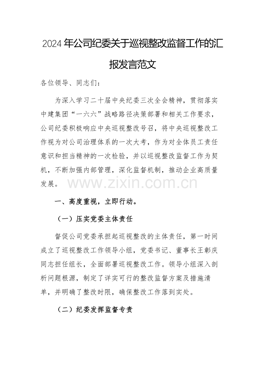 2024年公司纪委关于巡视整改监督工作的汇报发言范文.docx_第1页