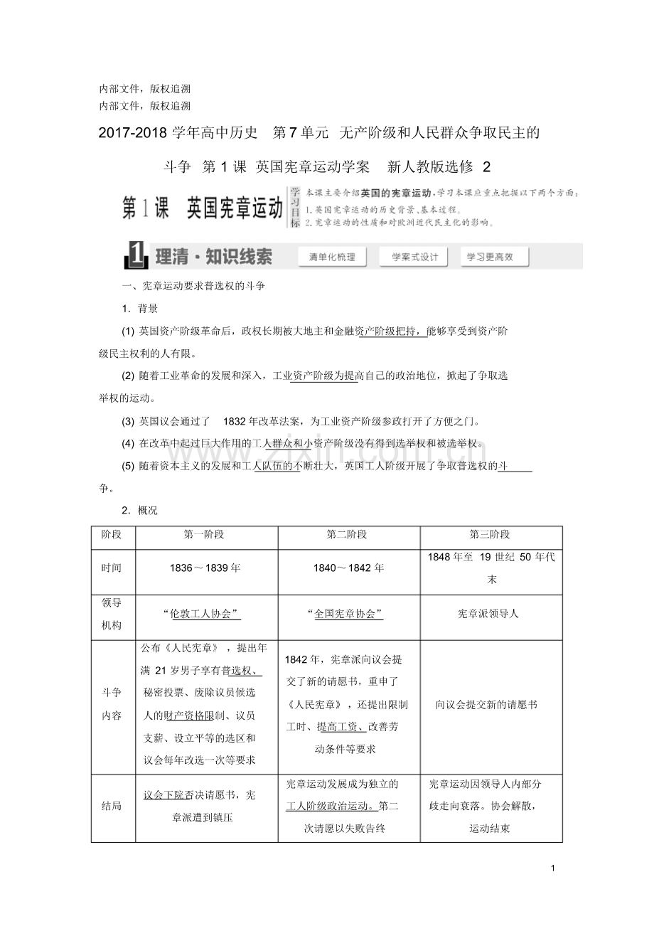 18学年高中历史第7单元无产阶级和人民群众争取民主的斗争第1课英国宪章运动学案22(pdf版).pdf_第1页