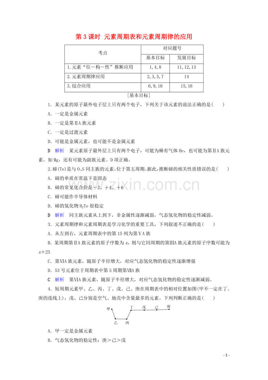 2019_2020学年高中化学第1章物质结构元素周期律第2节元素周期律第3课时元素周期表和元素周期律的应用课后限时作业含解析新人教版必修2.doc_第1页