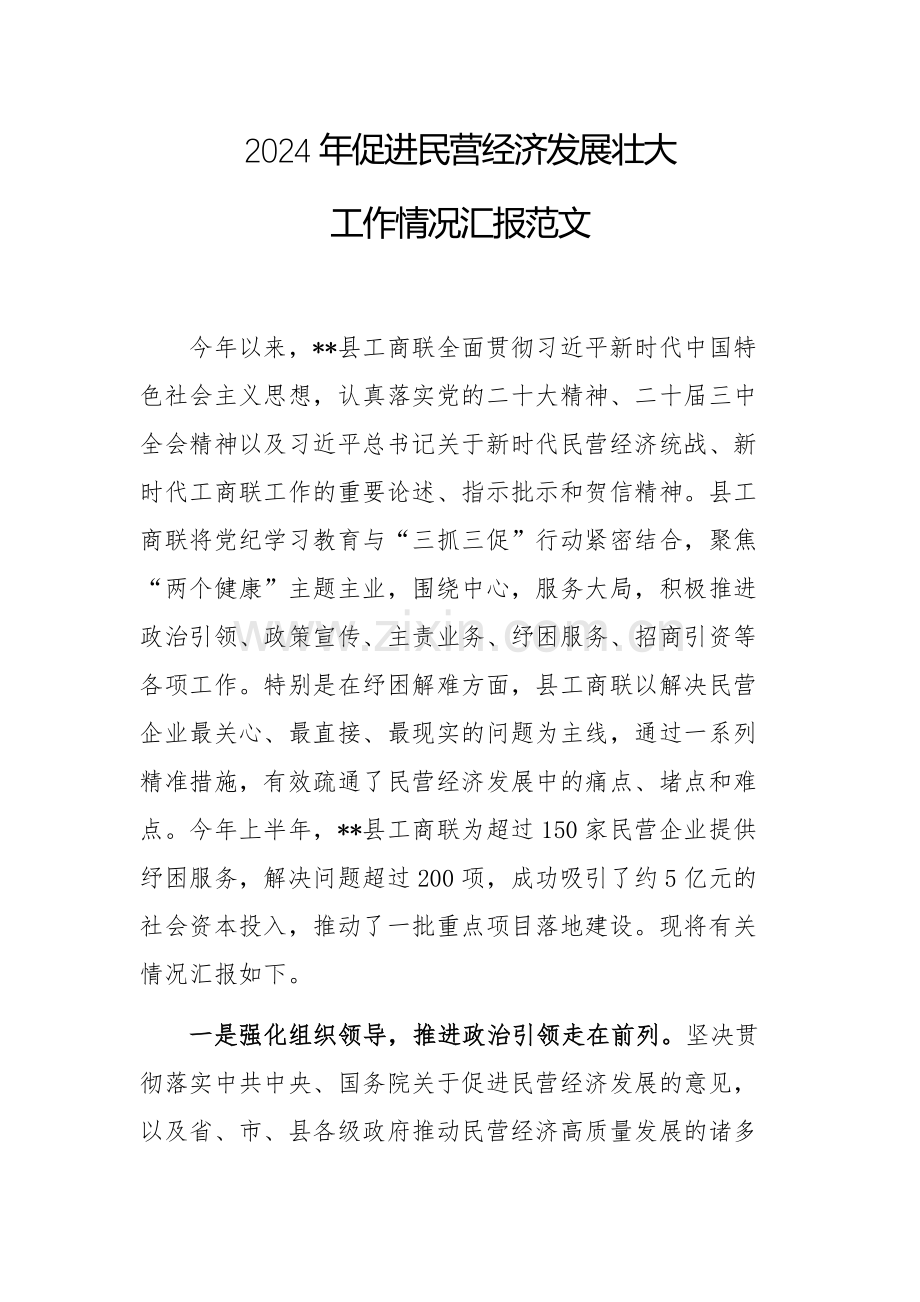 2024年促进民营经济发展壮大工作情况汇报范文.docx_第1页