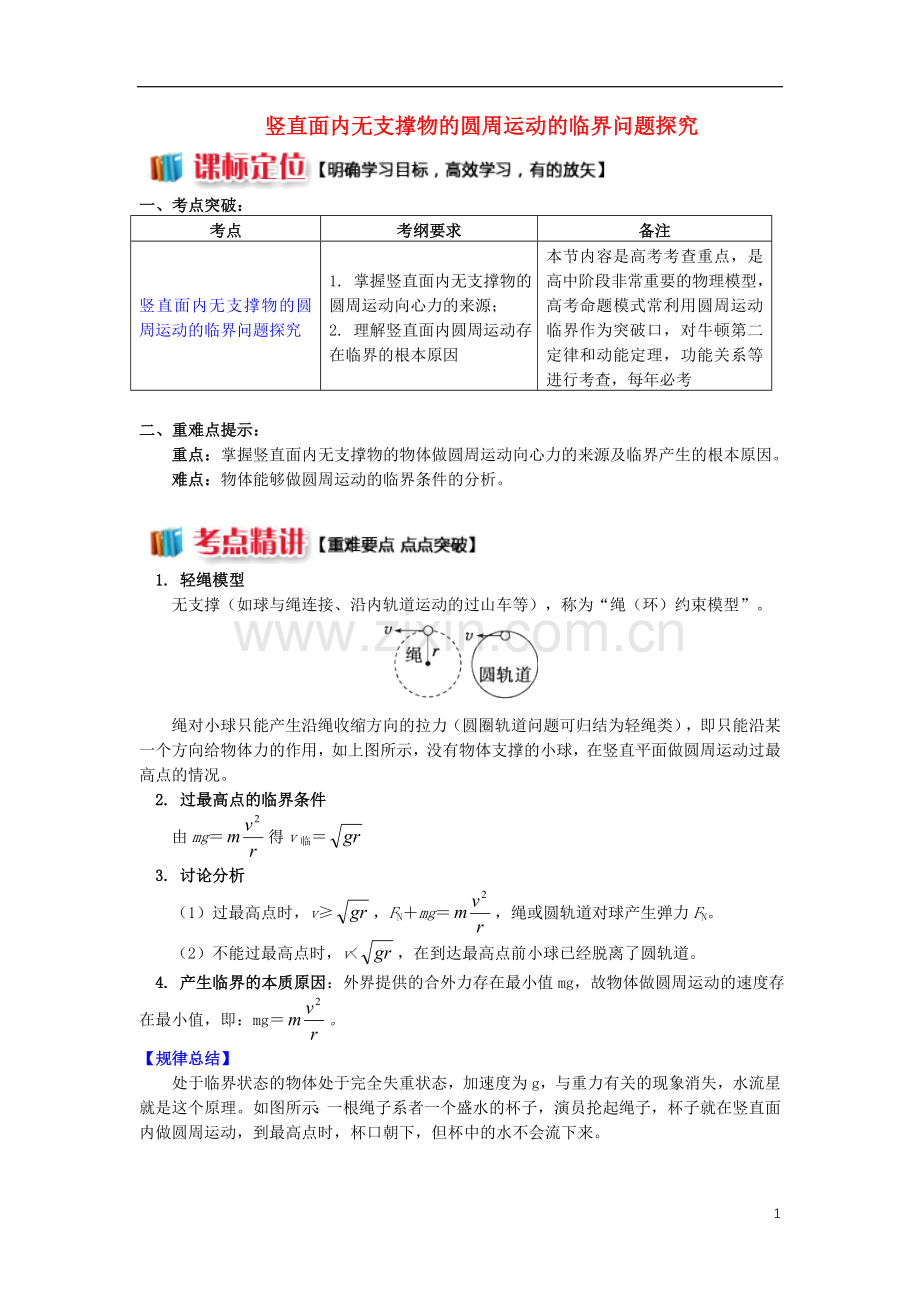 2018高考物理总复习专题圆周运动中的临界问题探究2竖直面内无支撑物的圆周运动的临界问题探究讲义.doc_第1页